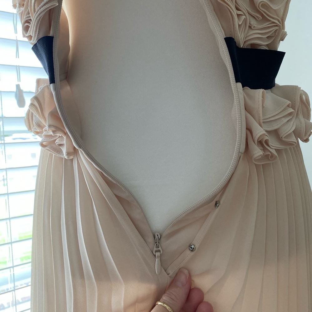 BCBGMAXAZRIA Dress. Size 2. Blush, halter, pleated, Midi dress. - Picture 7 of 9